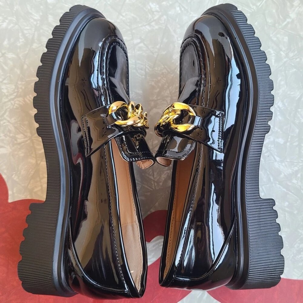 Atalina Womens Size 9W Wide Black Faux Leather Gold Chain Shoes Loafers Slip On - Picture 4 of 9